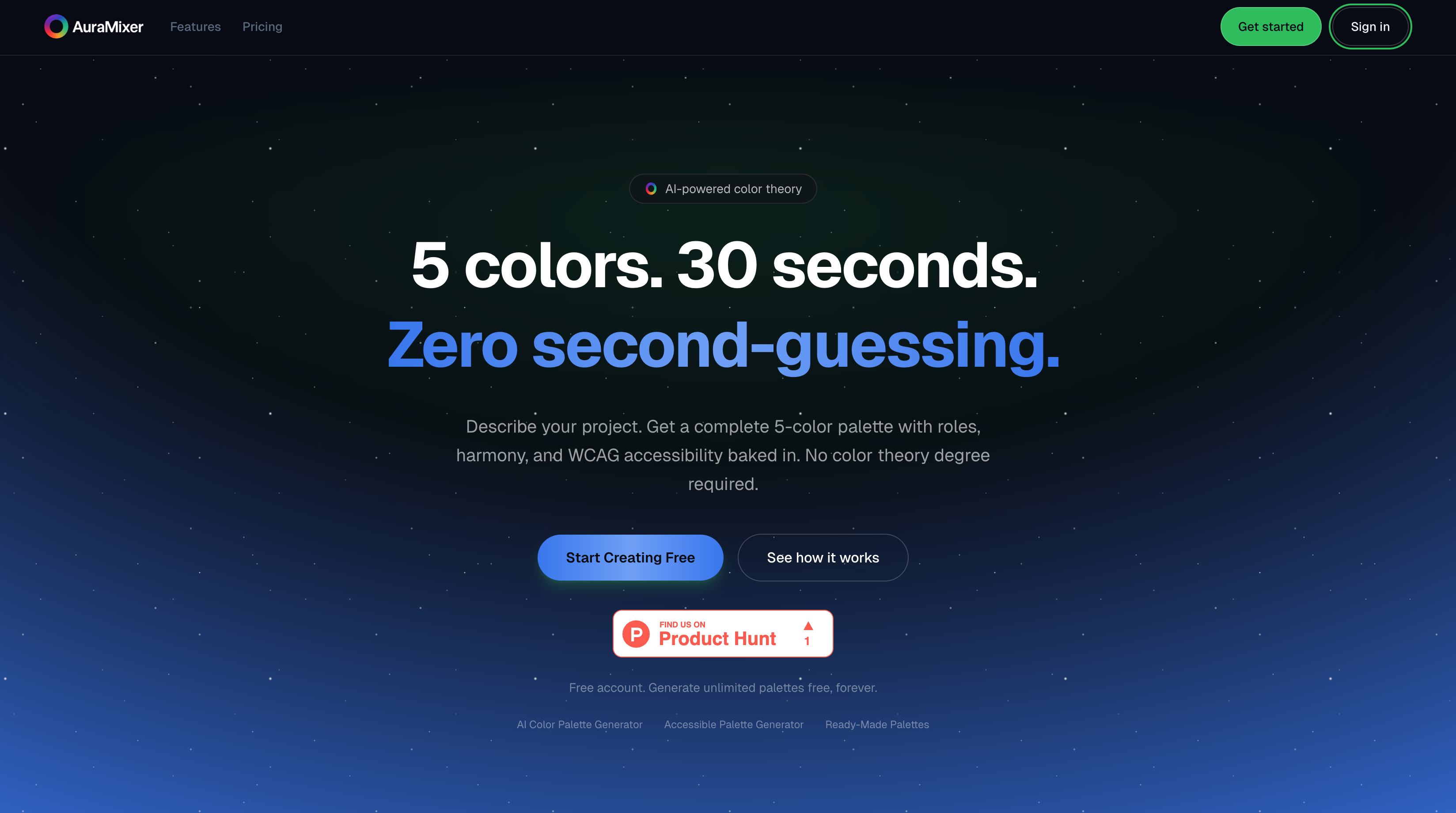 Aura Mixer- Generate Color Palettes  - Main product screenshot demonstrating key features and user interface