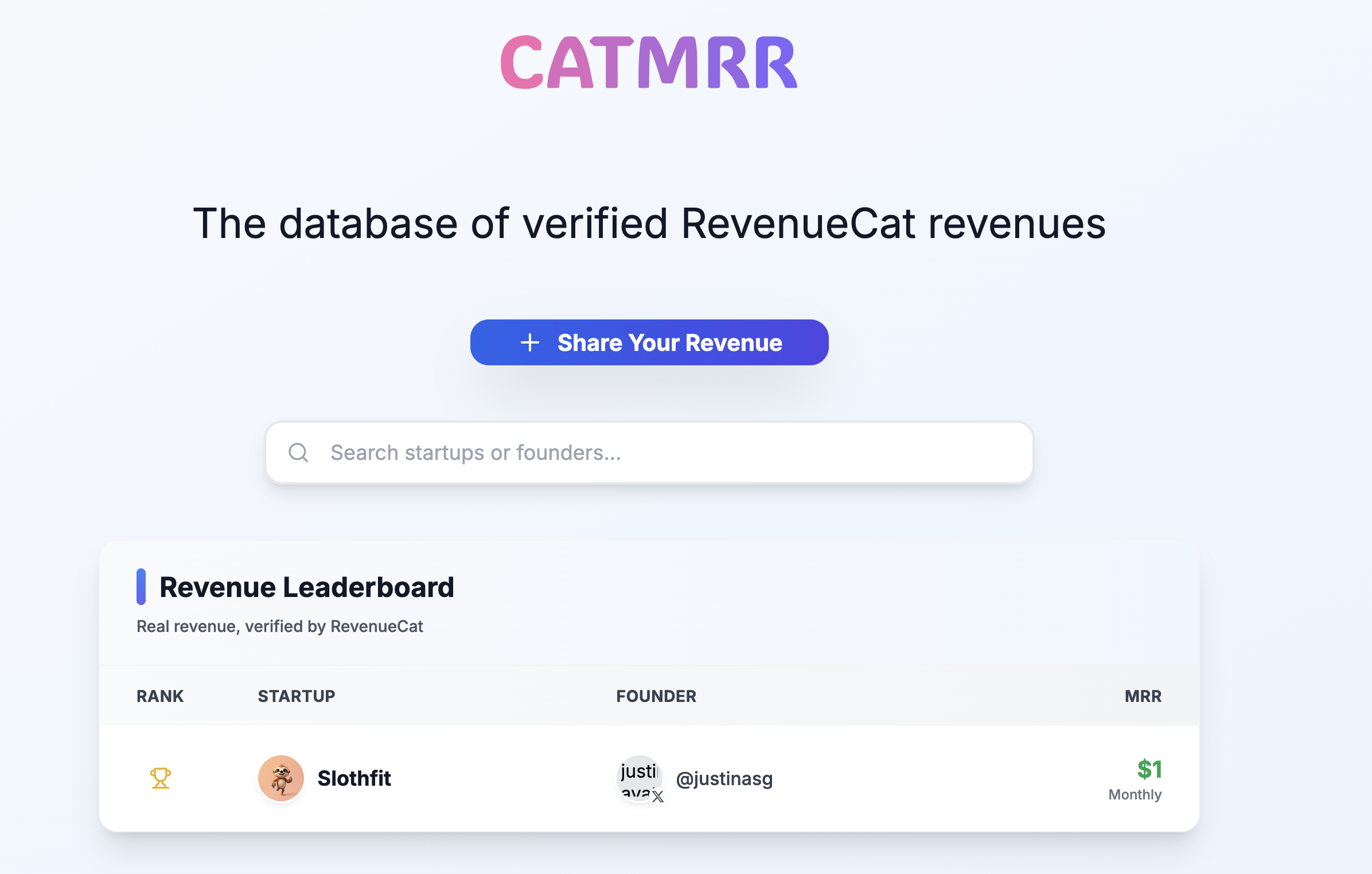 CatMRR: Verified mobile app revenues - Main screenshot showing features and interface
