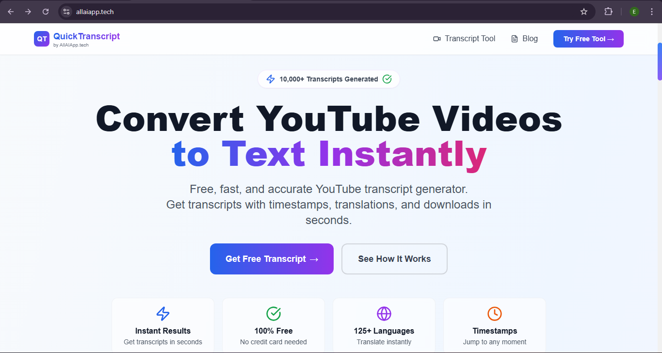 QuickTranscript - Main product screenshot demonstrating key features and user interface