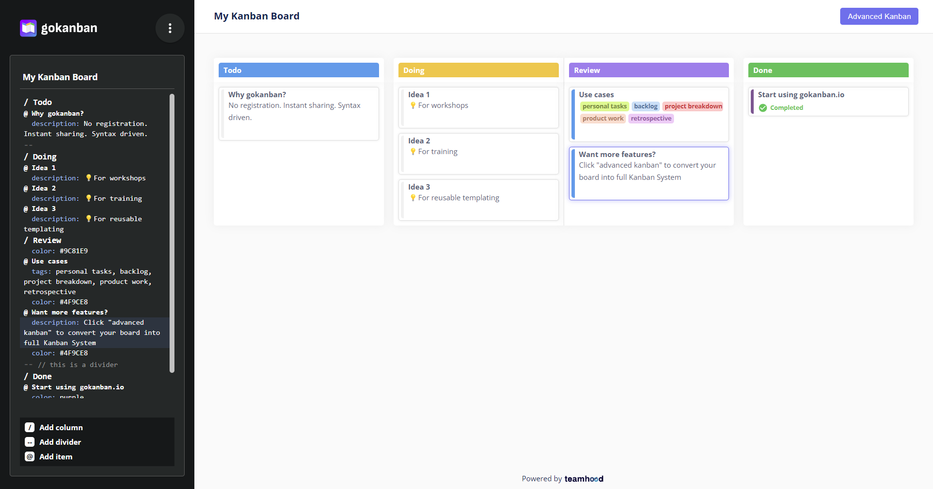 Media gokanban.io - Berasaskan sintaks, tiada pendaftaran Lembaga Kanban untuk permulaan yang cepat 1