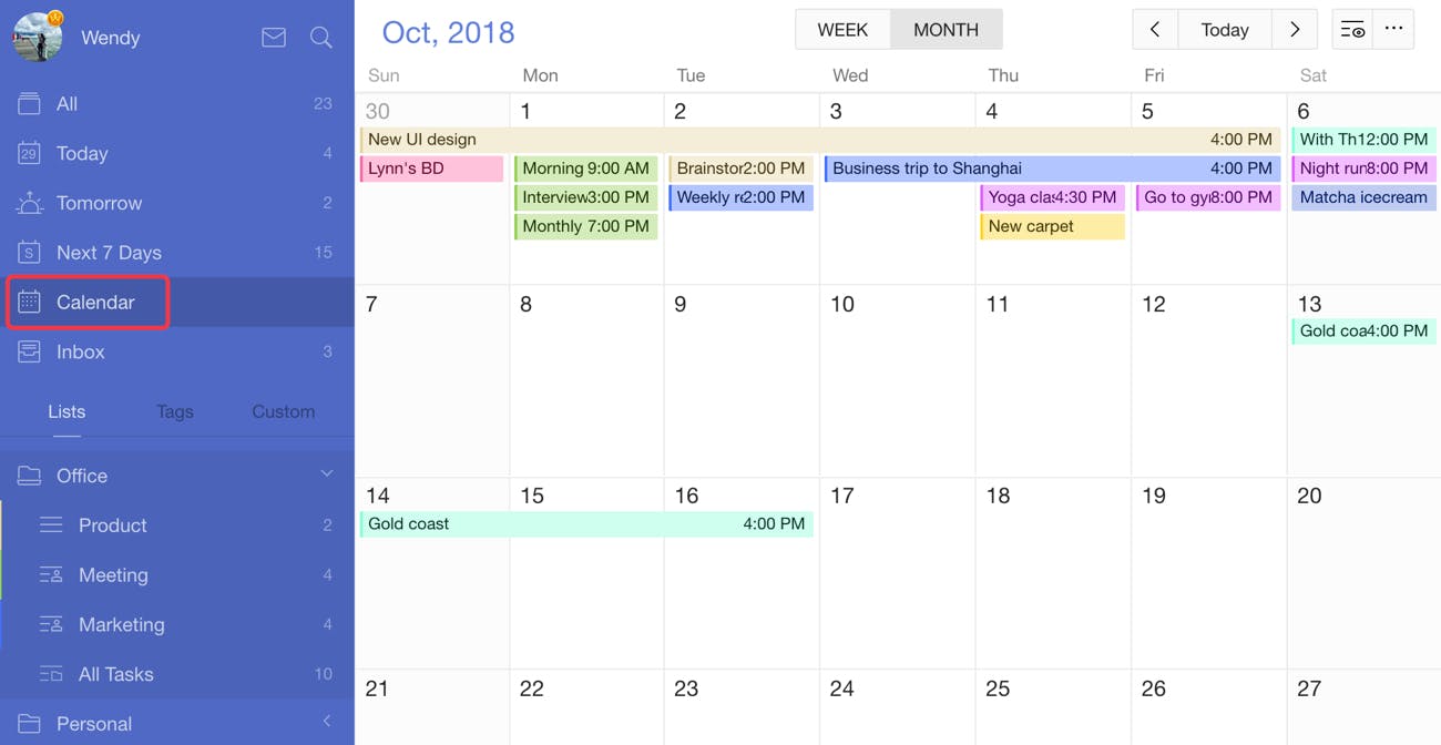 TickTick calendar view