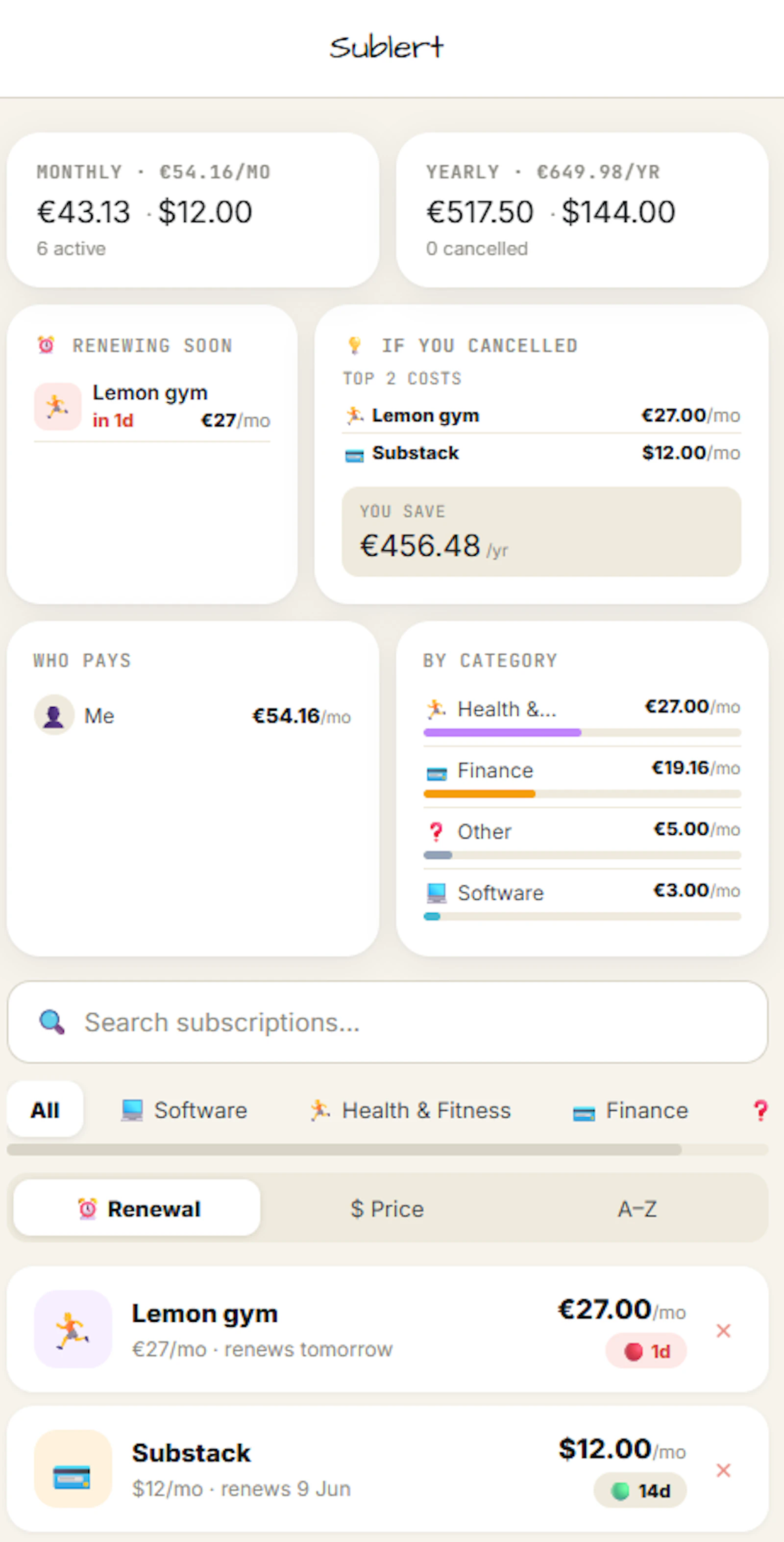 Sublert -> Never Miss a Renewal screenshot 1