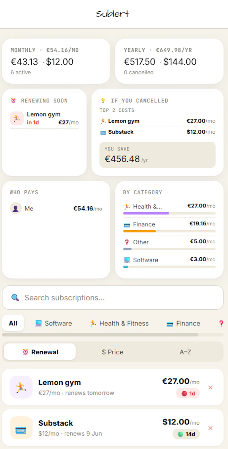 Sublert -> Never Miss a Renewal screenshot 1