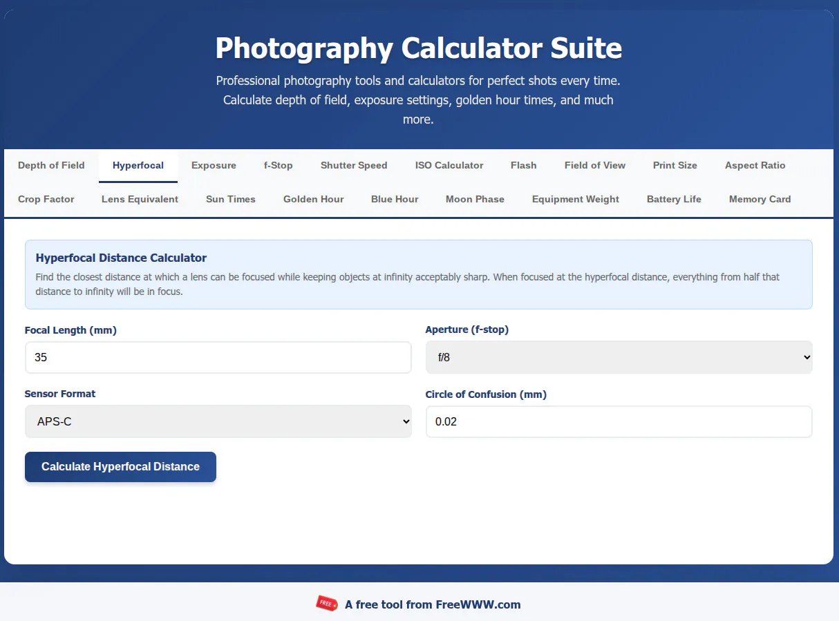FreeWWW Photography Calculator Suite screenshot