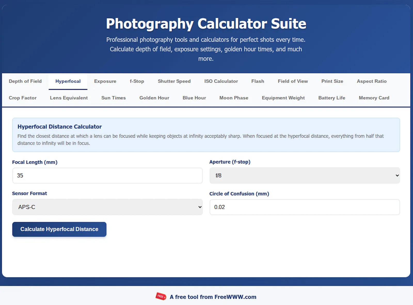 FreeWWW Photography Calculator Suite screenshot 1