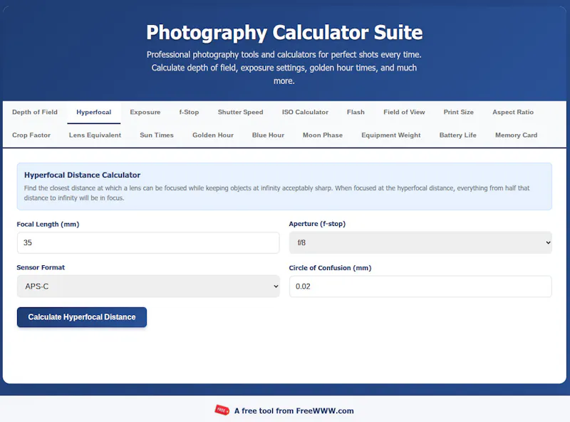 FreeWWW Photography Calculator Suite screenshot 1