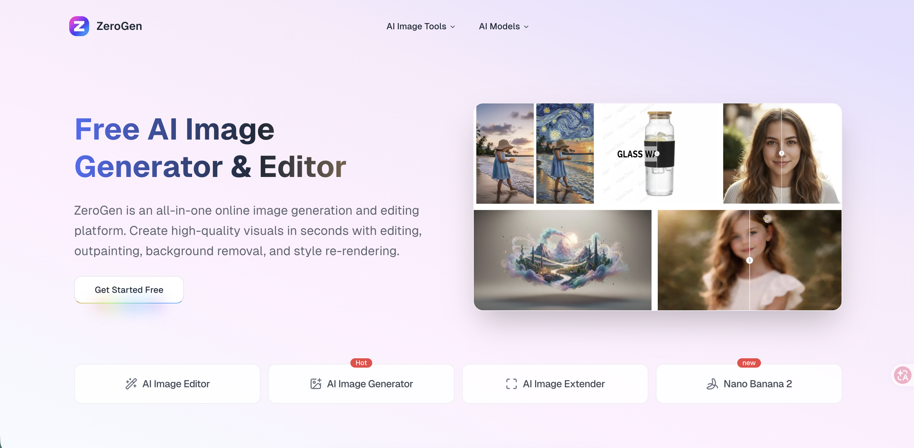 ZeroGen: All-in-one AI Creation Platform - Main product screenshot demonstrating key features and user interface