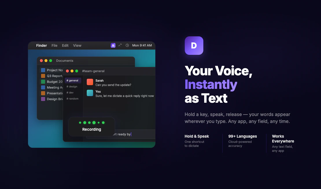 startuptile Dictura-Hold a key speak release- translated text at your cursor