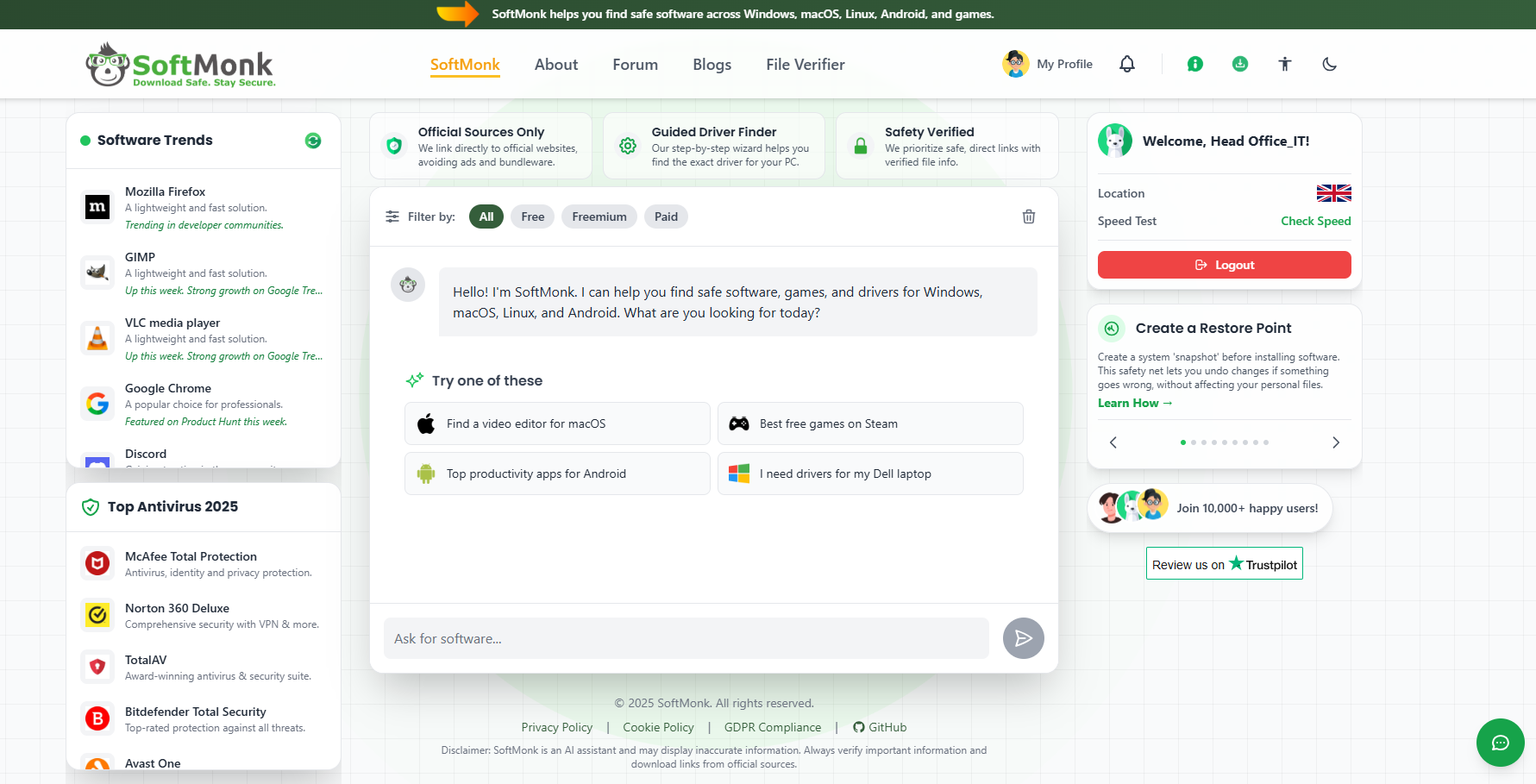 SoftMonk - Main screenshot showing features and interface