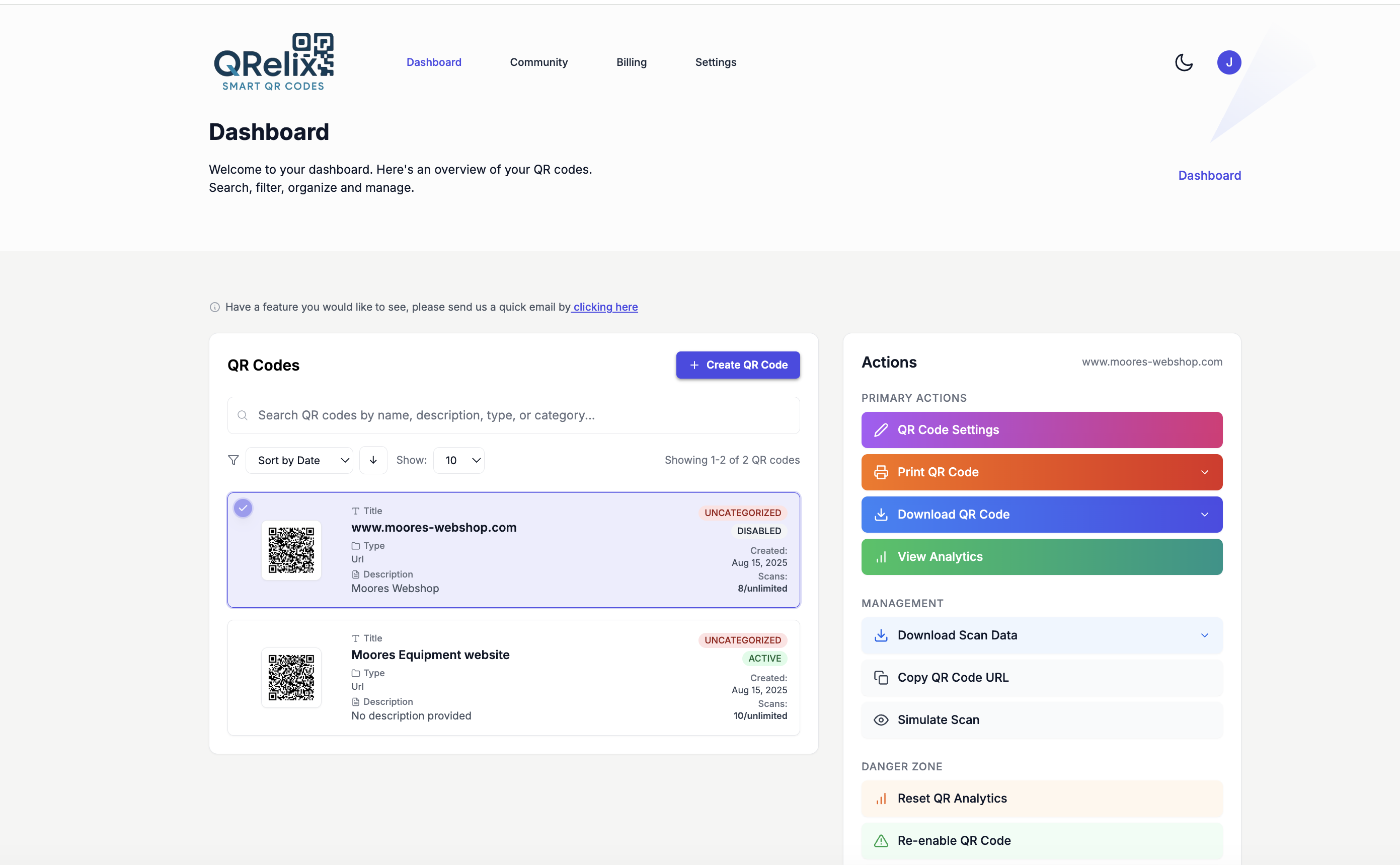 QRelix.com - Smart QR Codes That Work - Main product screenshot demonstrating key features and user interface