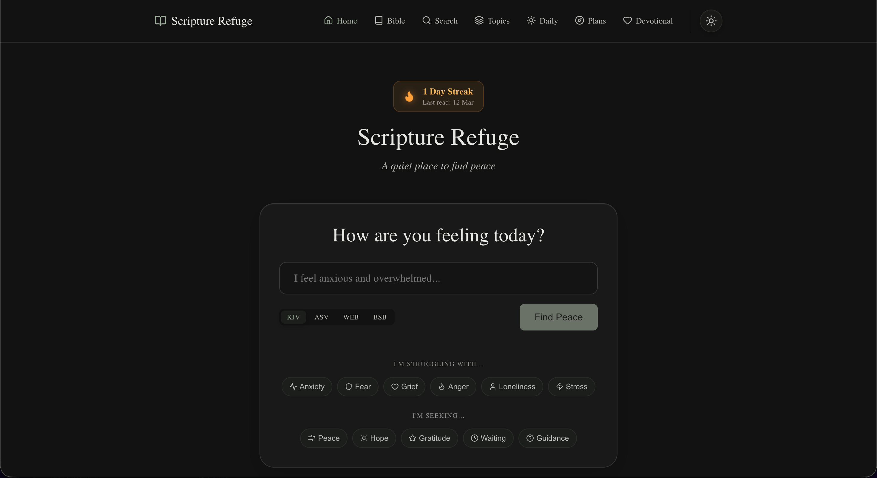 Scripture Refuge - Main product screenshot demonstrating key features and user interface