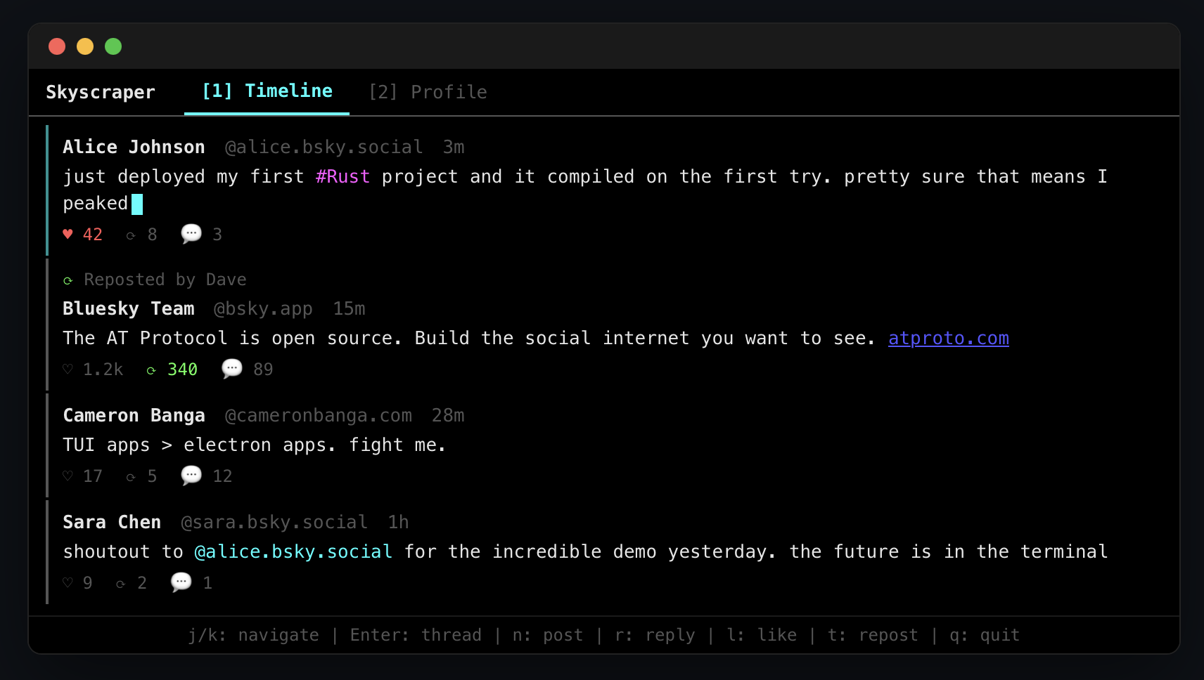 Skyscraper TUI for Bluesky - Main product screenshot demonstrating key features and user interface