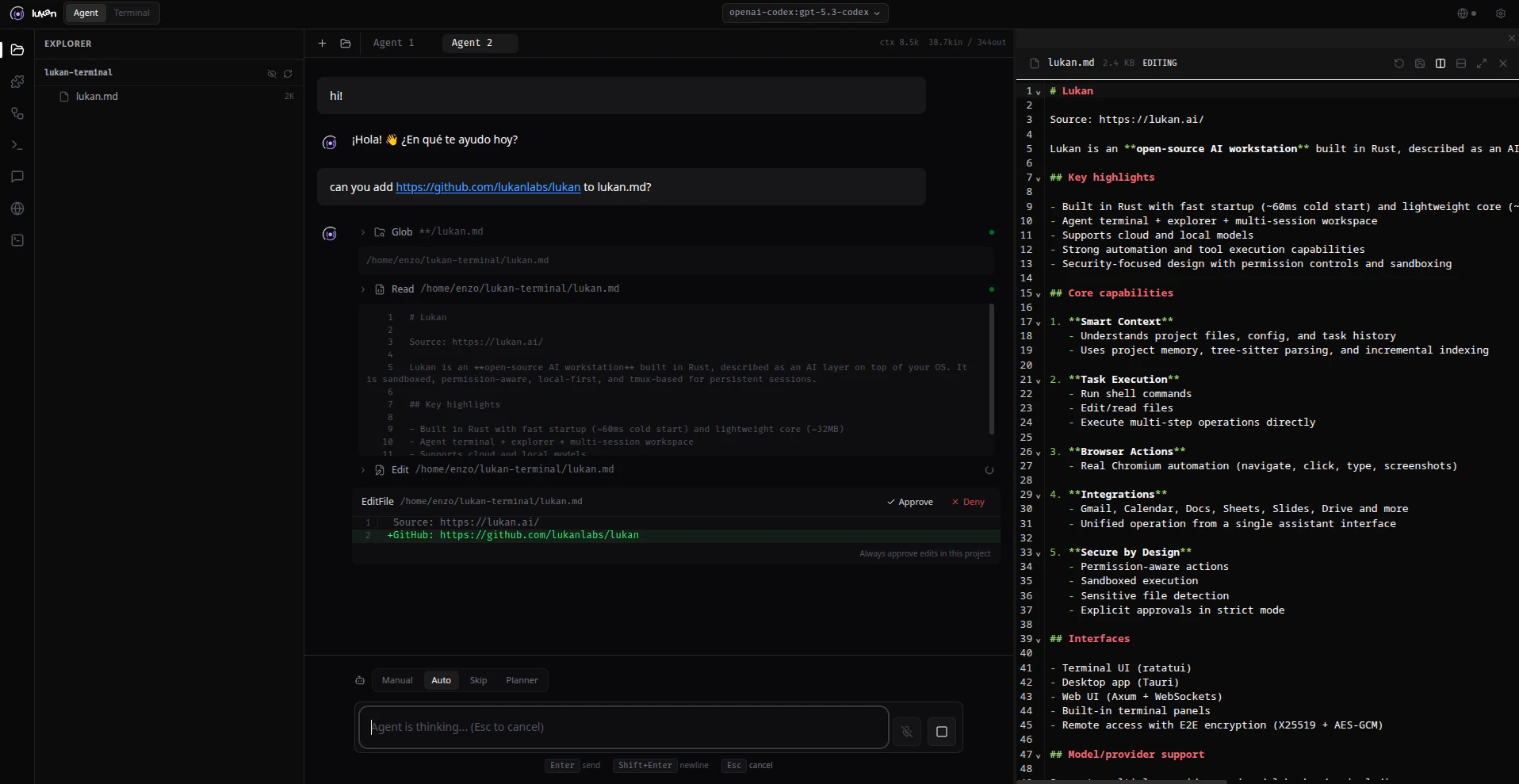 Lukan AI Agent, IDE and workstation. screenshot 2