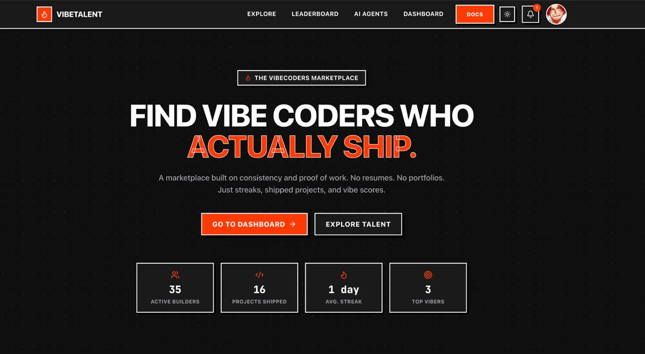 Interfejs platformy VibeTalent prezentujący profile programistów