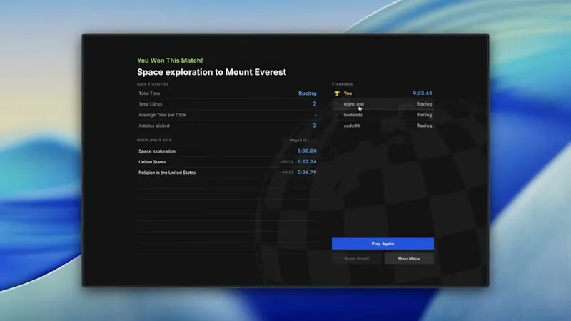 Wikiracing.org screenshot 1 (video preview)
