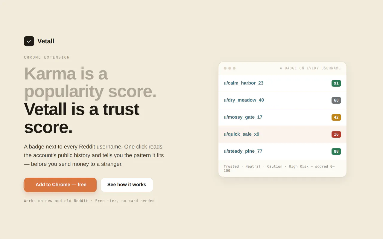 Vetall: Reddit Trust & Scam Checker gallery image