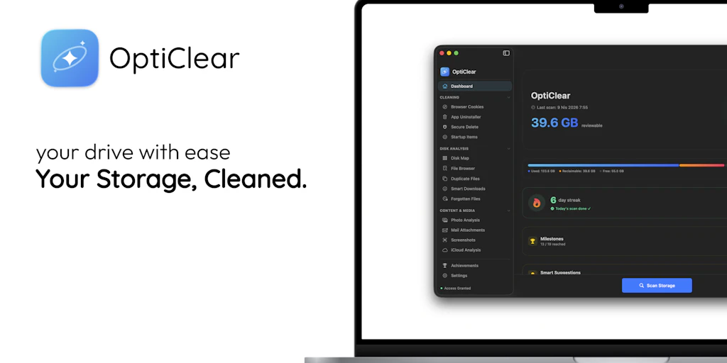 OptiClear:智慧且快速的 Mac 儲存空間清理工具