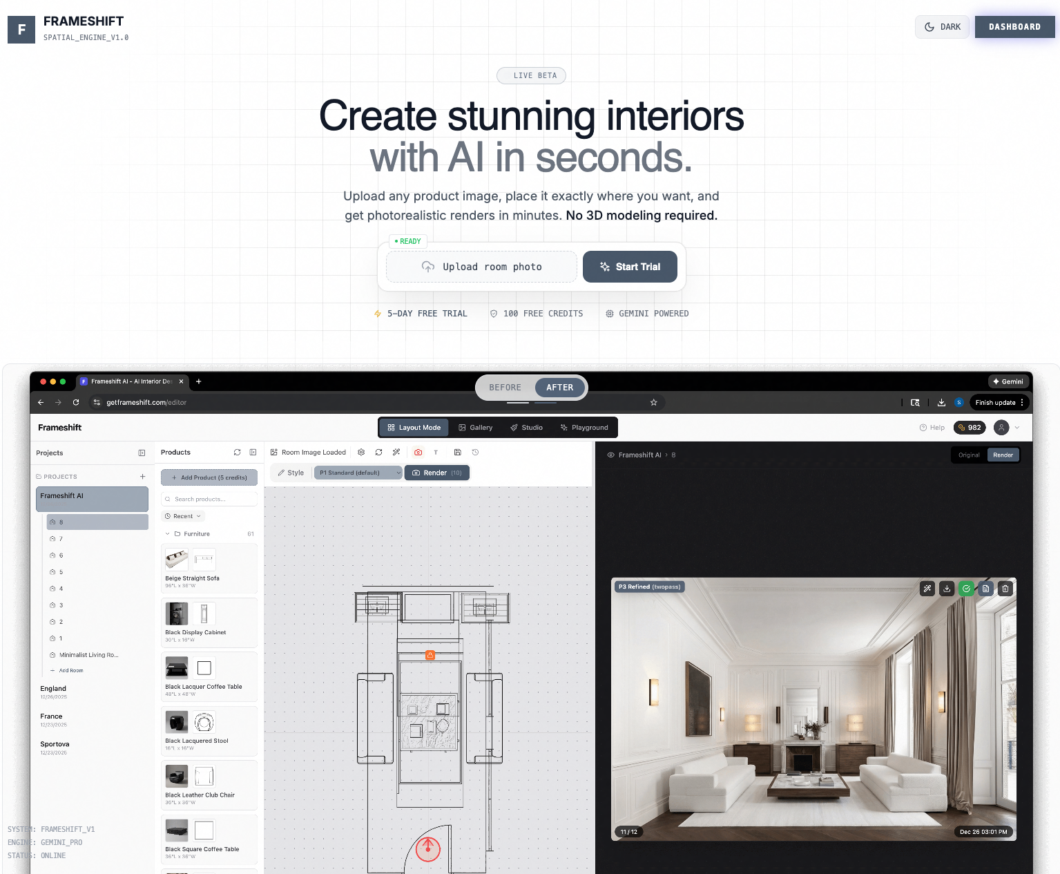 Frameshift AI - Main product screenshot demonstrating key features and user interface