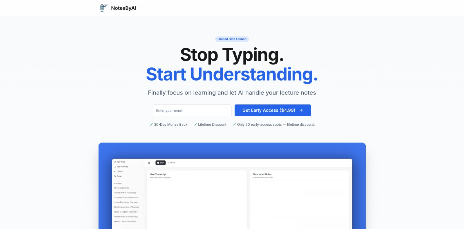 NotesByAI - Main product screenshot demonstrating key features and user interface