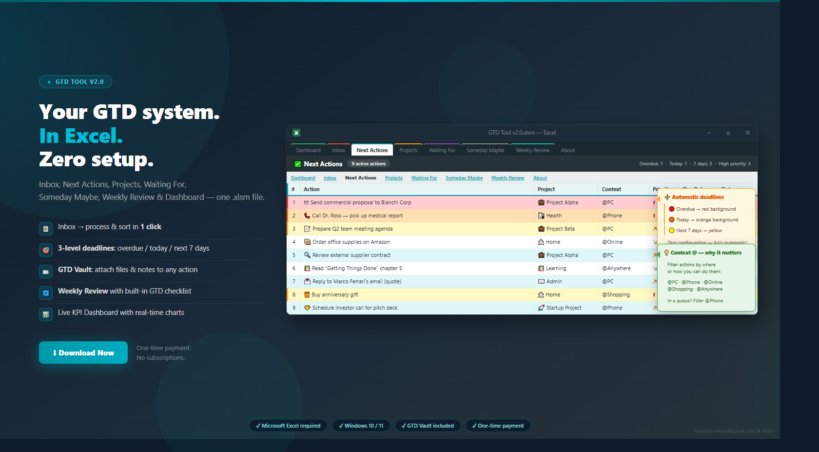 GTD Tool for Excel — Full System - Vault - Screenshot 3 showing product features and functionality