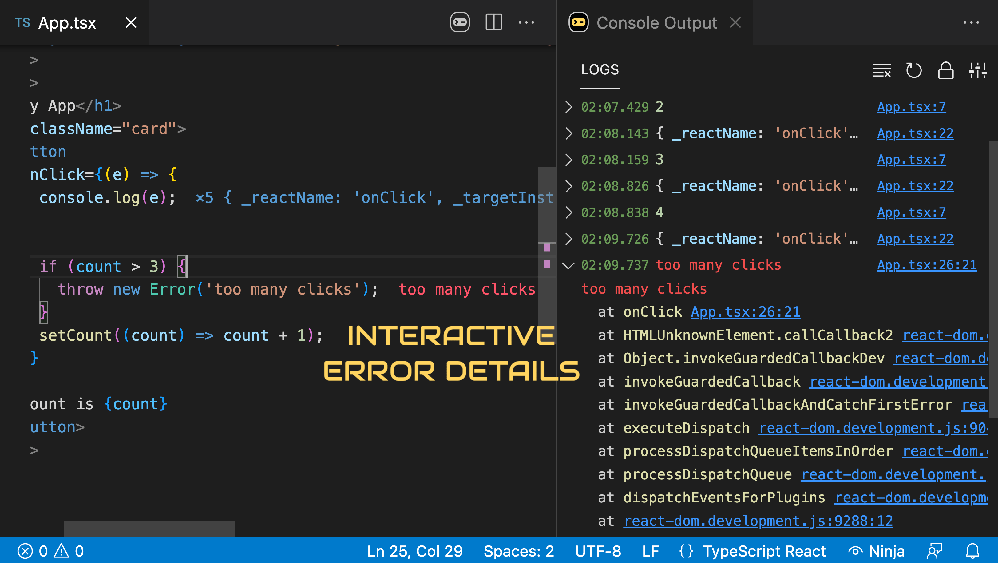 控制台忍者 - JavaScript Console.Log输出和代码旁边的错误媒体4