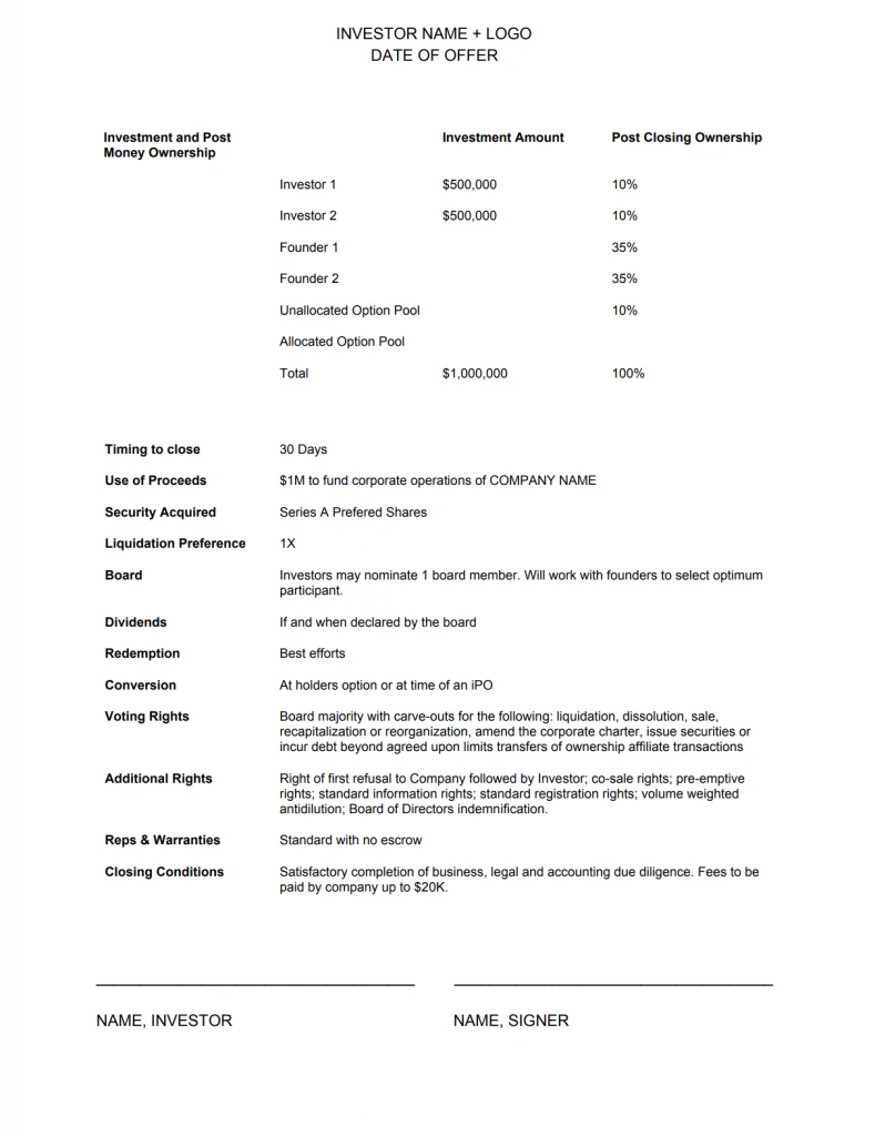 One Page Term Sheet