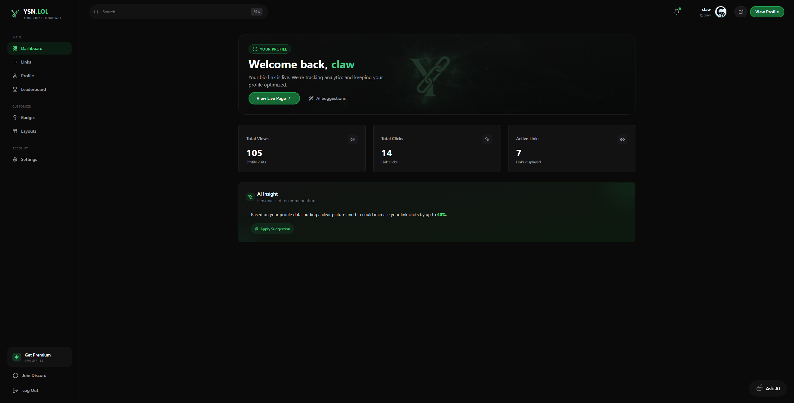 ysn.lol - Main product screenshot demonstrating key features and user interface