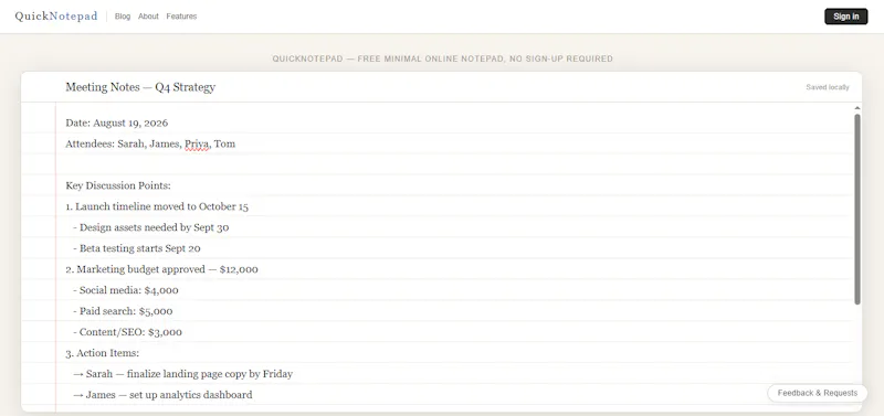 QuickNotepad — A Minimal Online Notepad screenshot 1