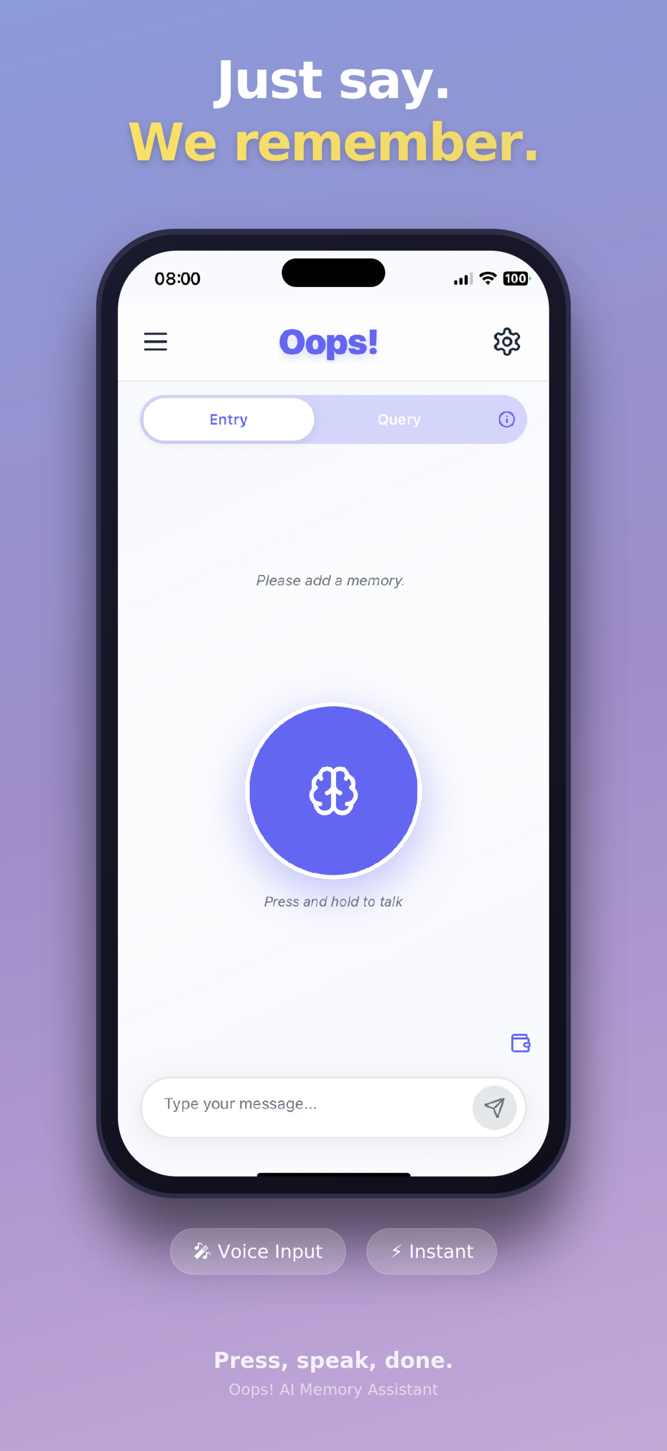 Oops! AI Memory Assistant - Main product screenshot demonstrating key features and user interface