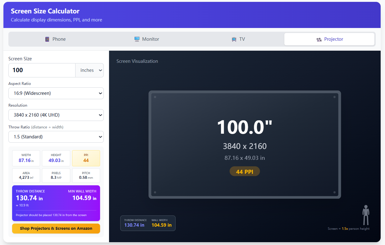 Screen Size Calculator - Screenshot 3 showing product features and functionality