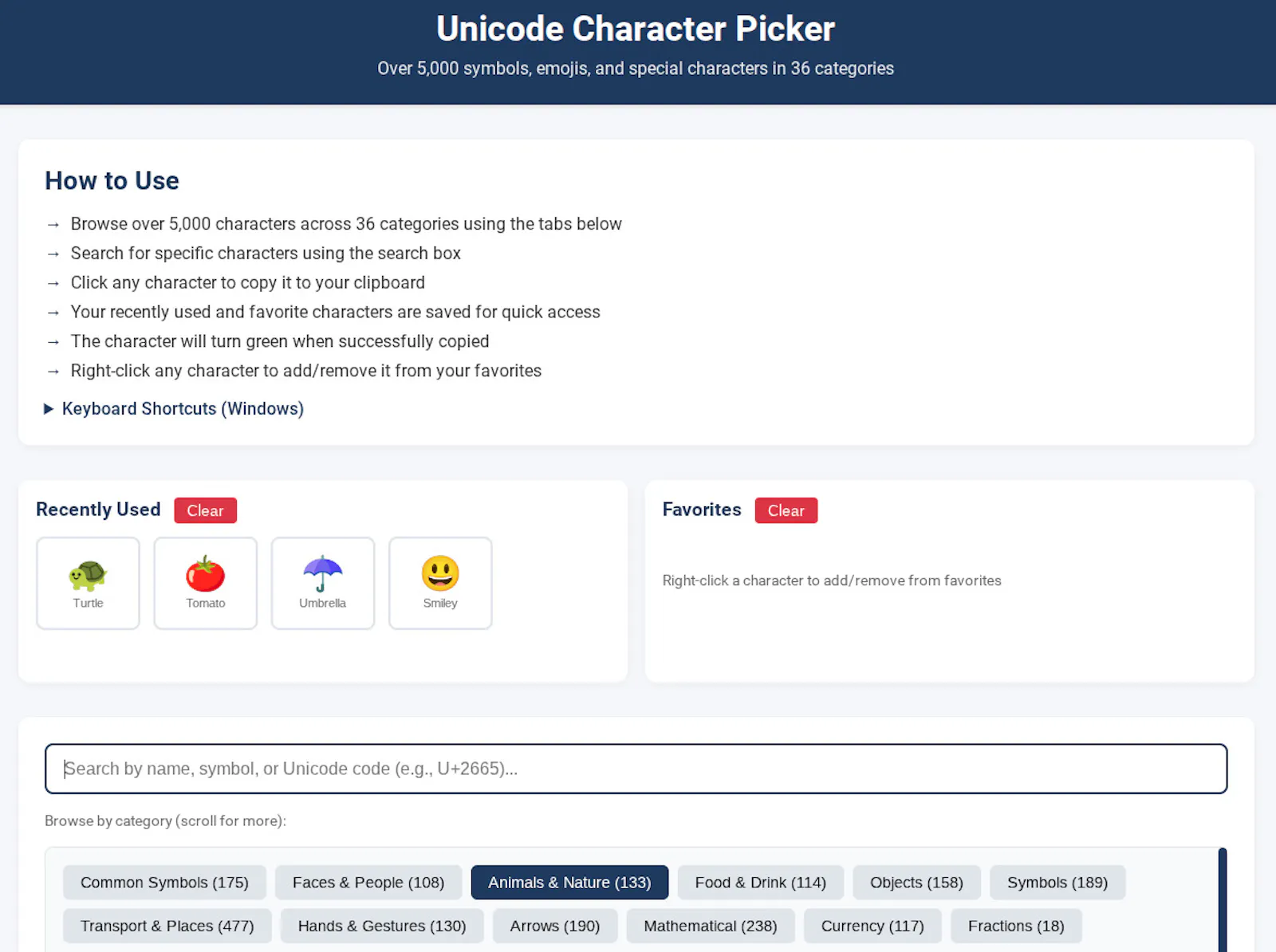 FreeWWW Unicode Character Picker screenshot 1