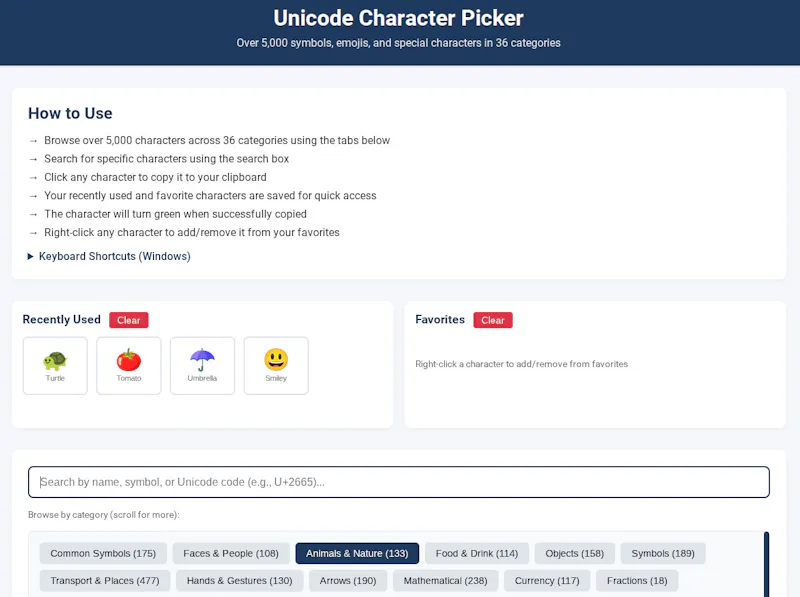 FreeWWW Unicode Character Picker screenshot 1