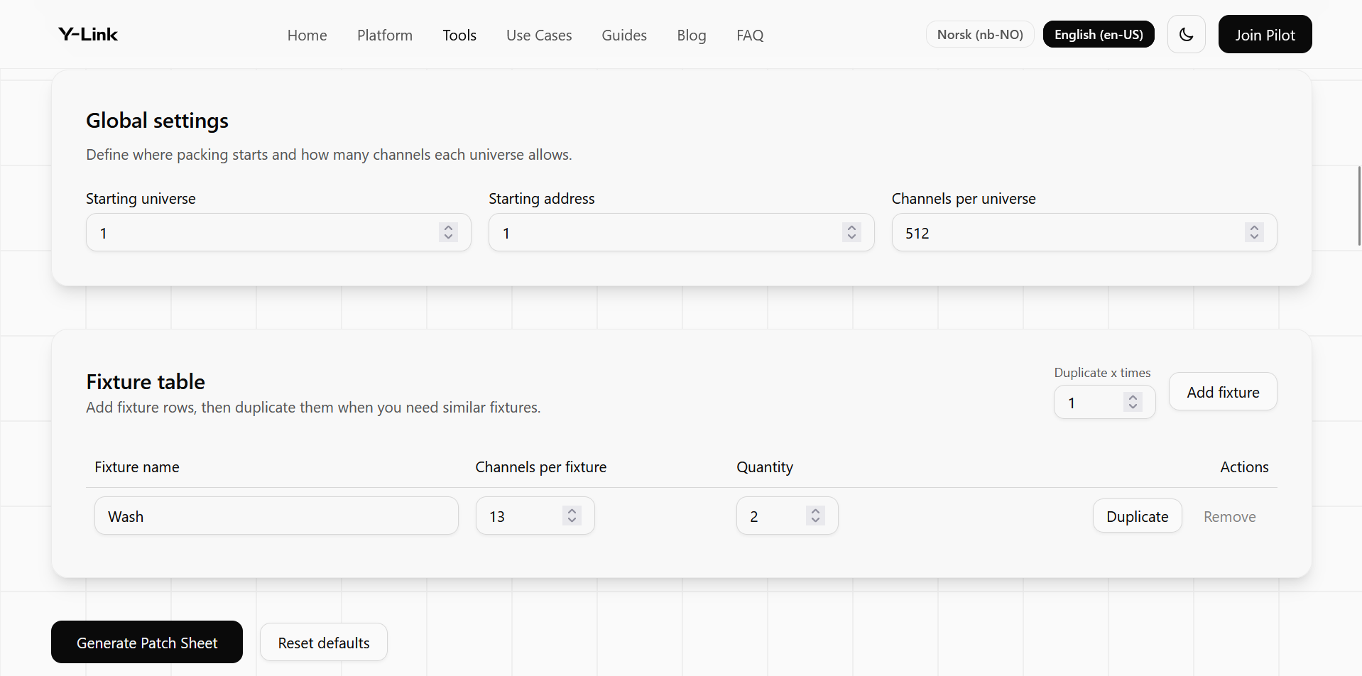 Y-Link Patch Sheet Generator - Main product screenshot demonstrating key features and user interface