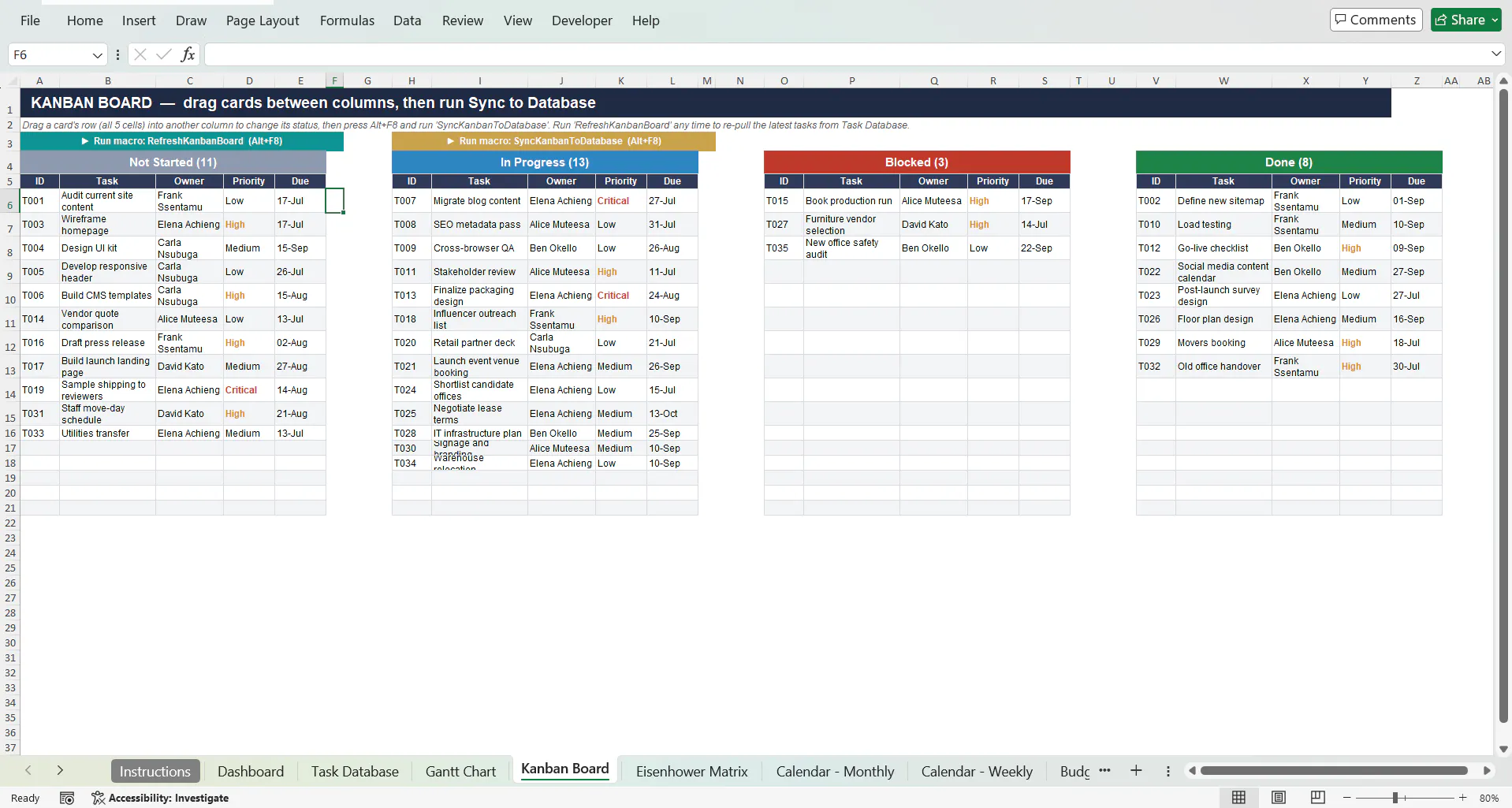 SigmaSheets Project Management Template screenshot