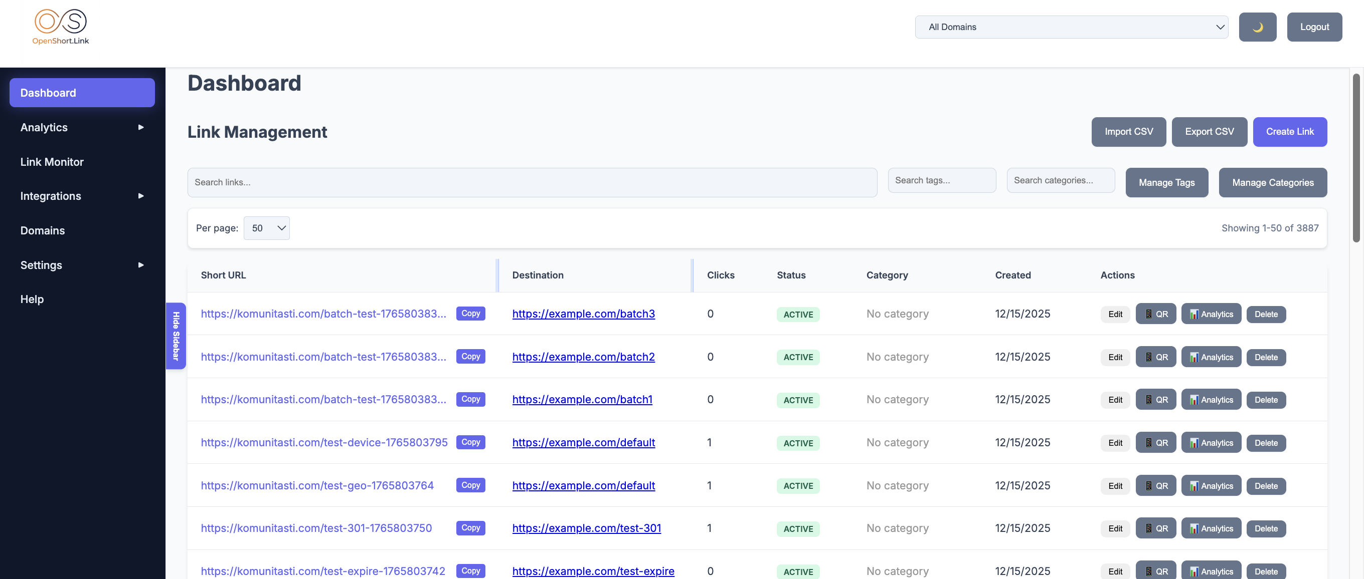 OpenShort.Link - Main product screenshot demonstrating key features and user interface