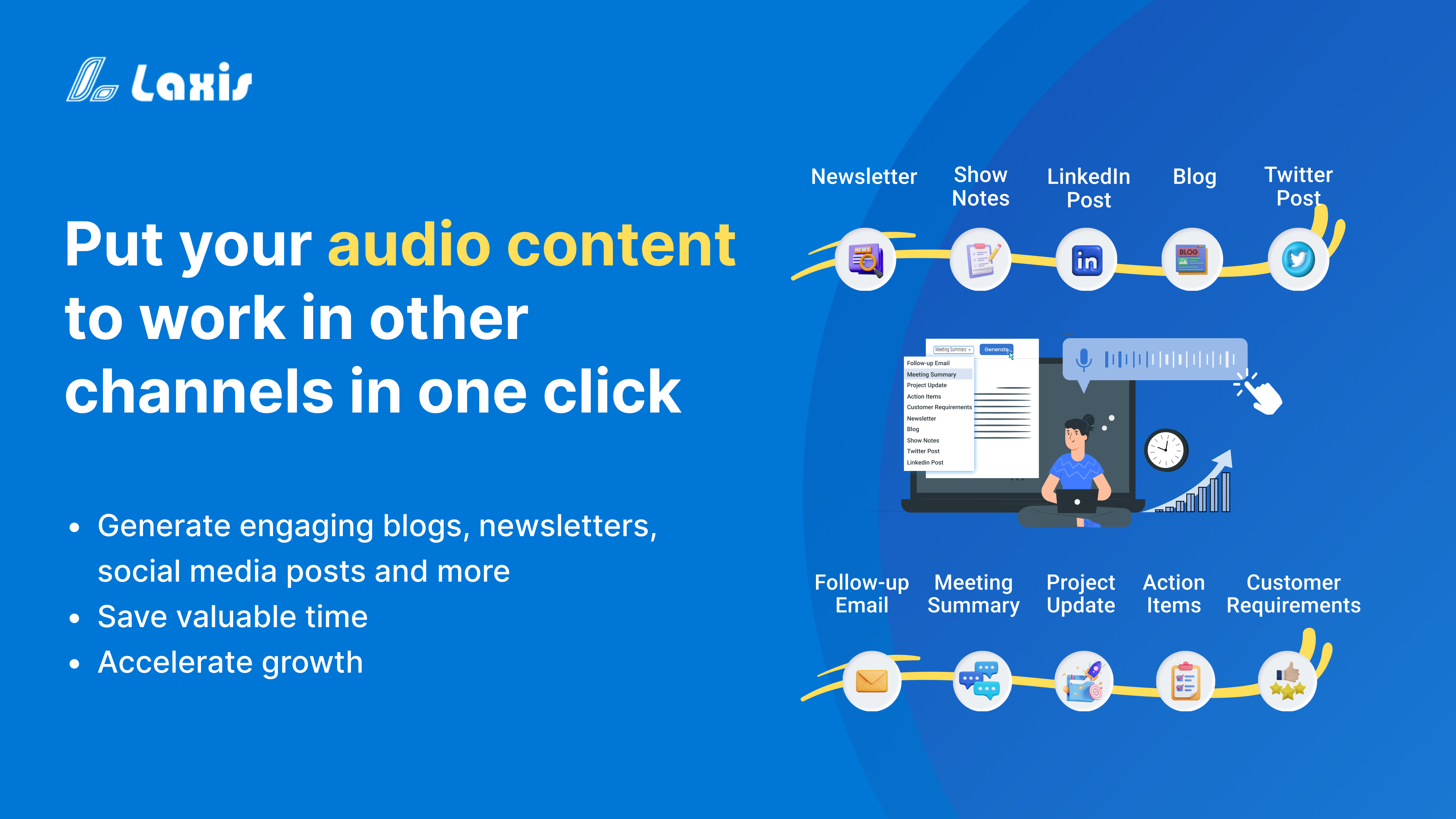 startuptile Laxis for Content Marketers & Podcasters-Repurpose audio into engaging content with a single click