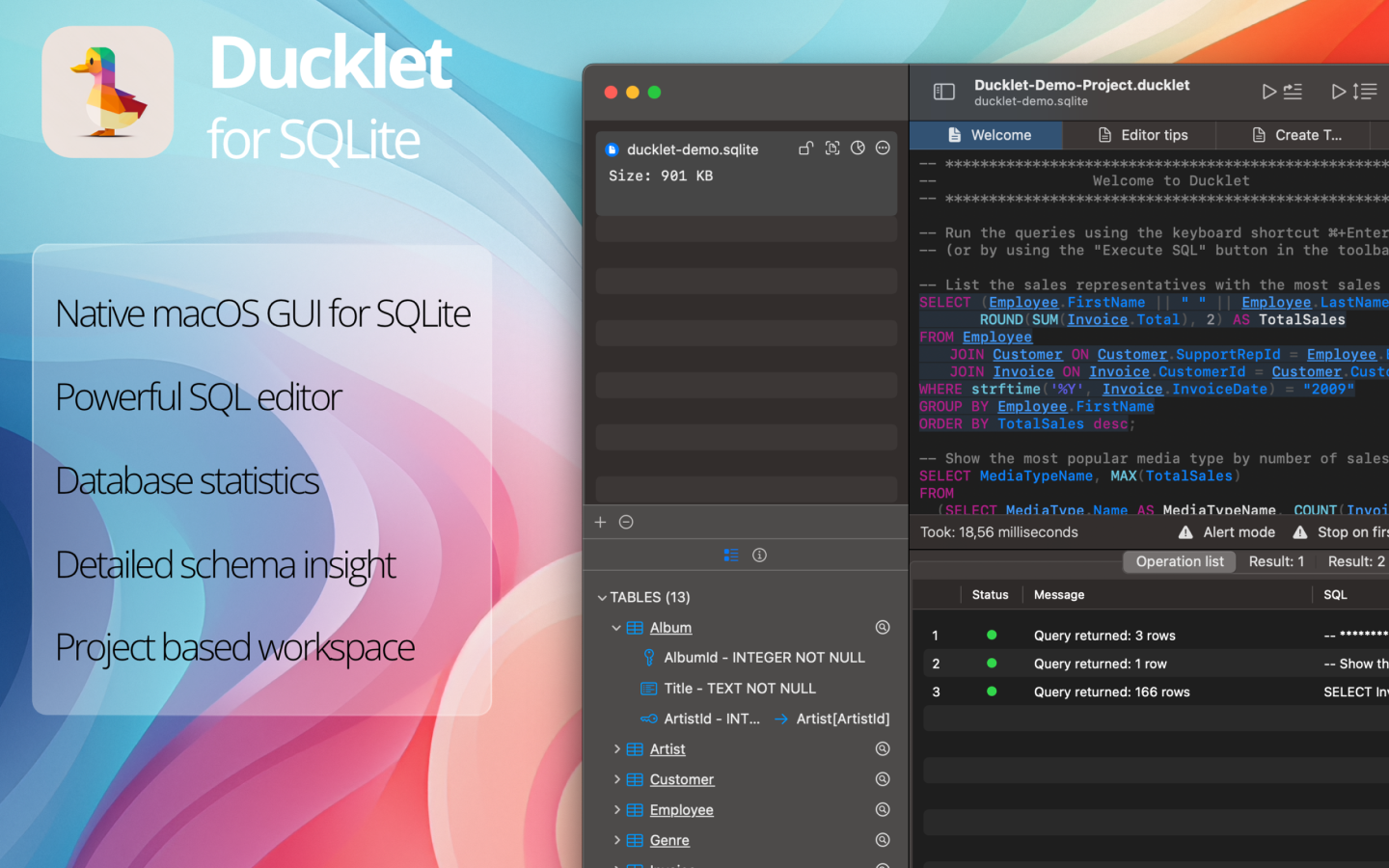 Mídia 1 de Ducklet para Sqlite - O rápido e nativo editor de banco de dados SQLite para macOS.