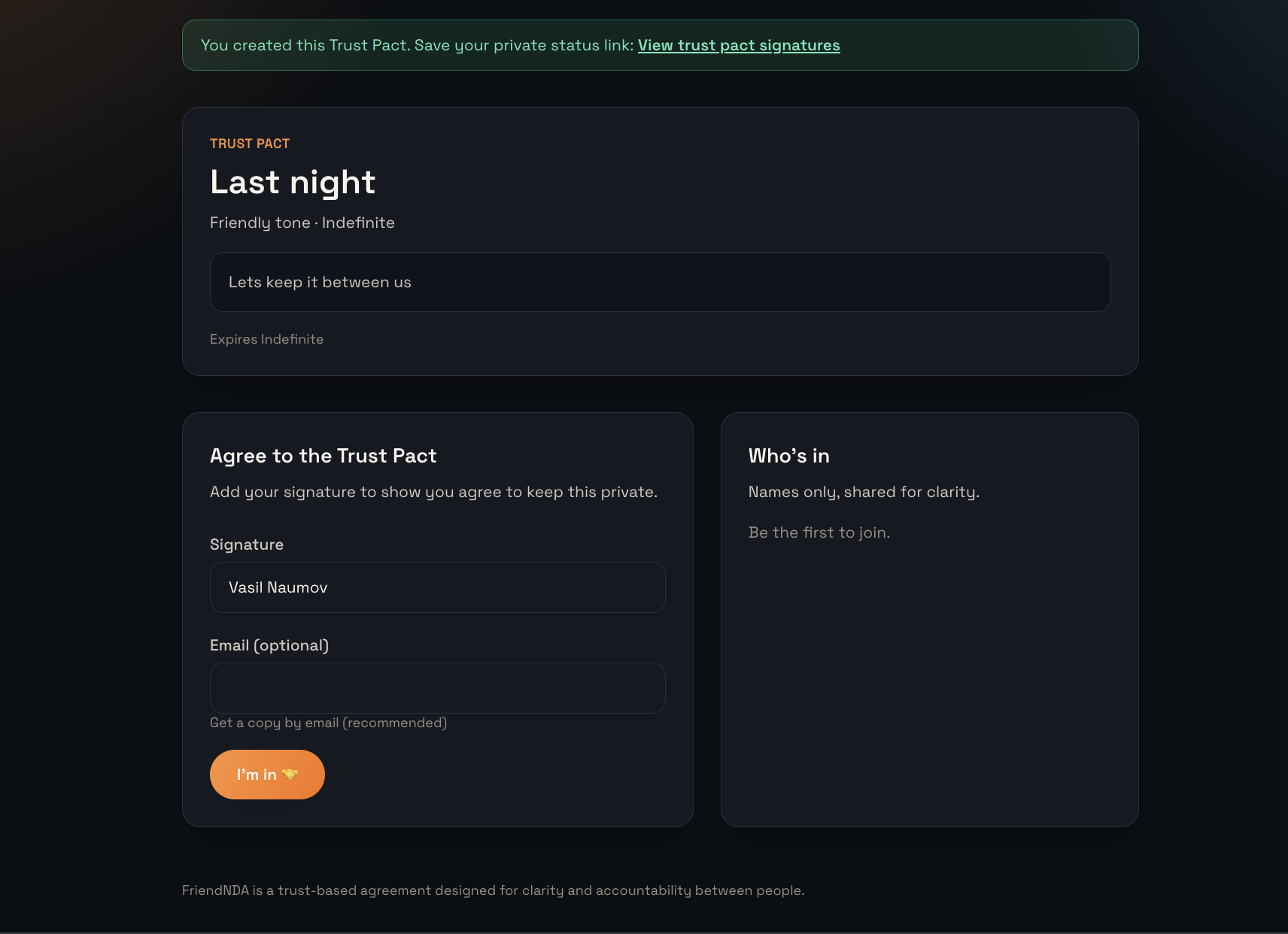 FriendNDA - Screenshot 4 showing product features and functionality