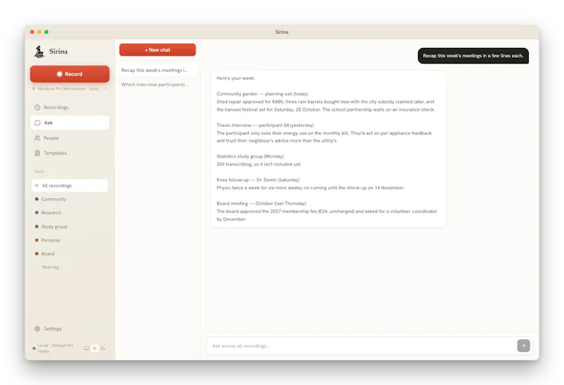 Sirina: private & local meeting recorder screenshot 8