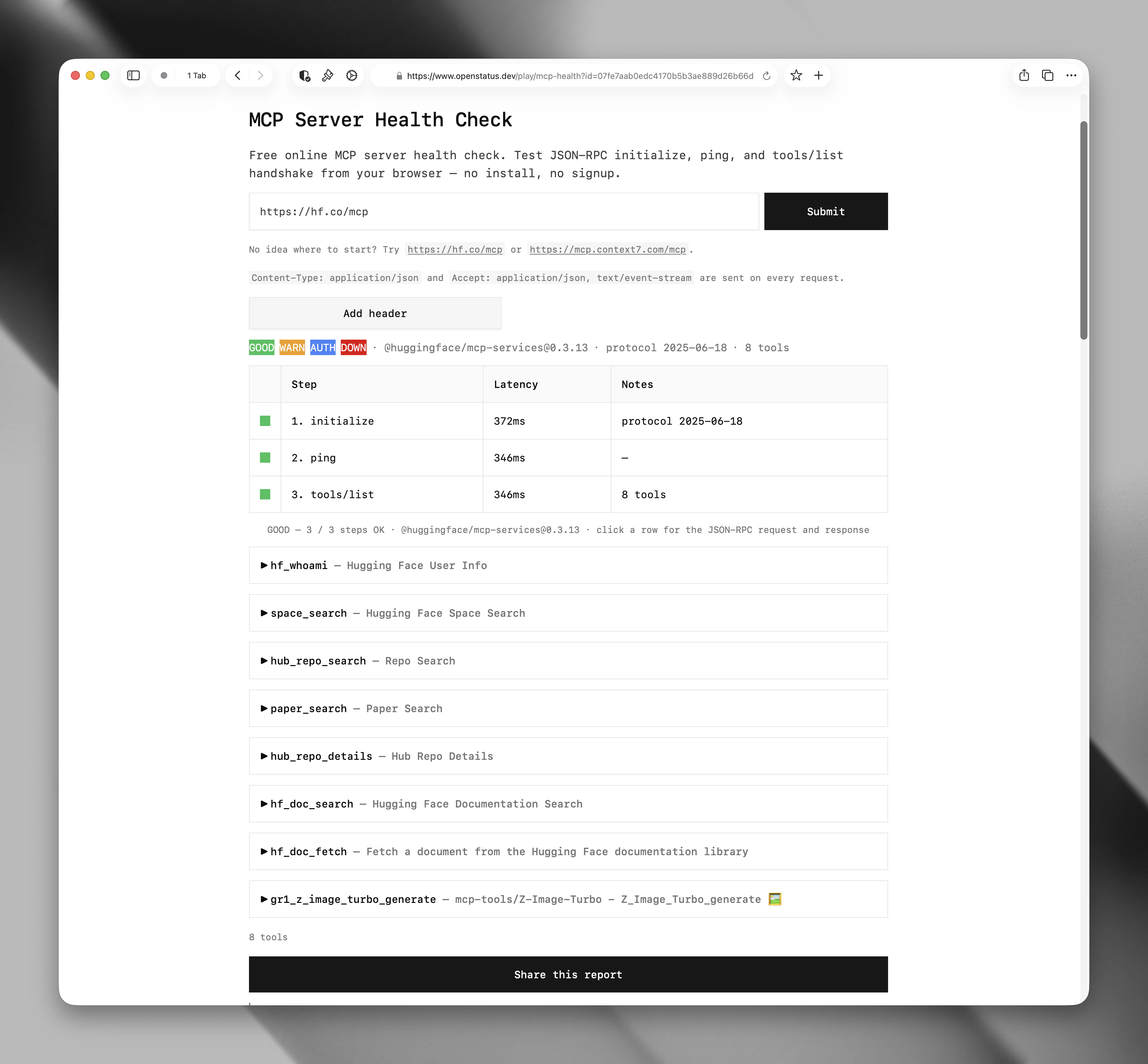 Openstatus MCP Health Checker screenshot 1