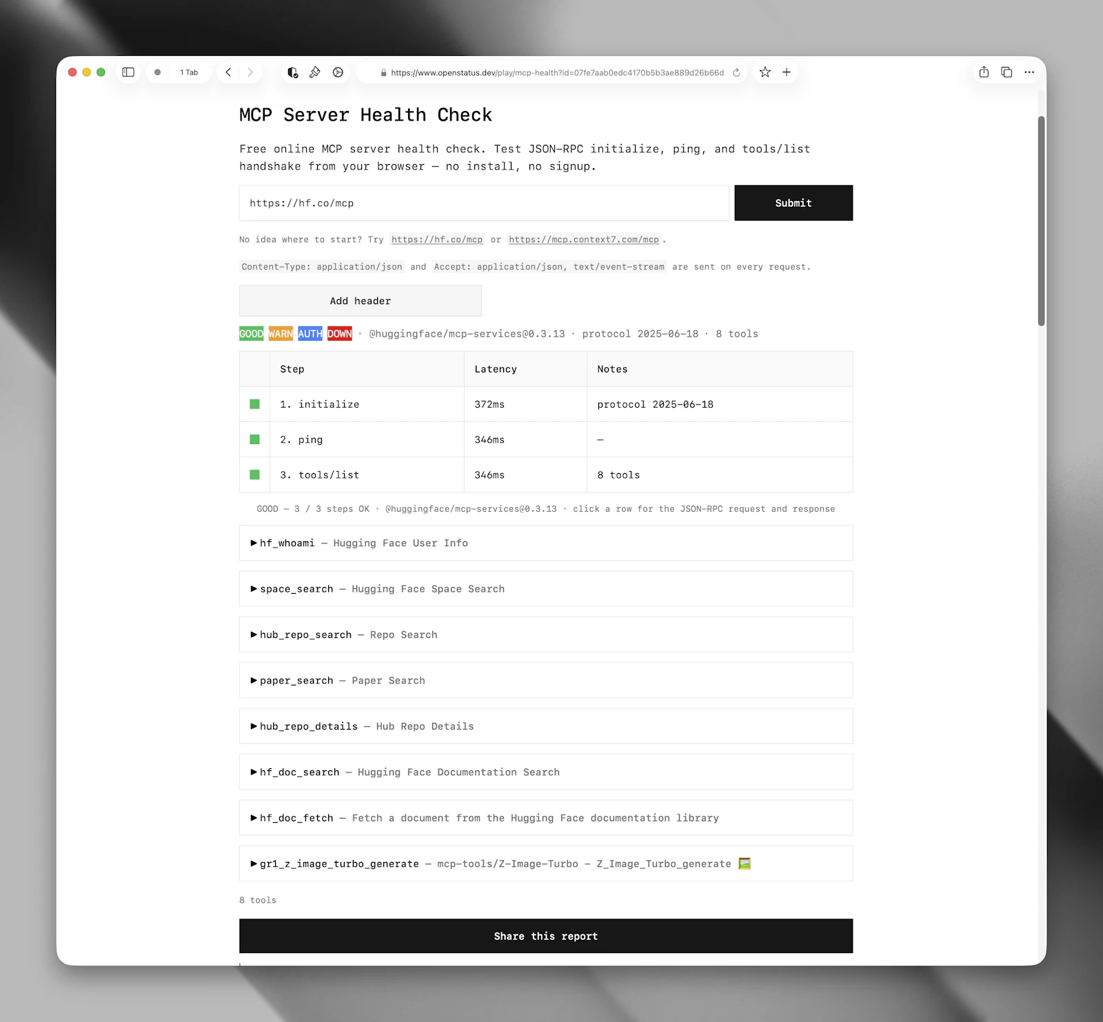 Openstatus MCP Health Checker    screenshot 1