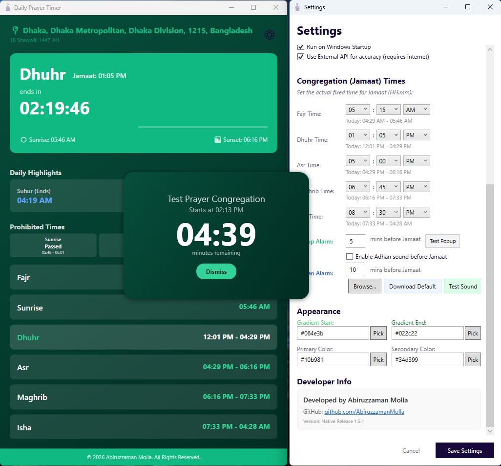 Daily Prayer Timer with Popup and Alarm