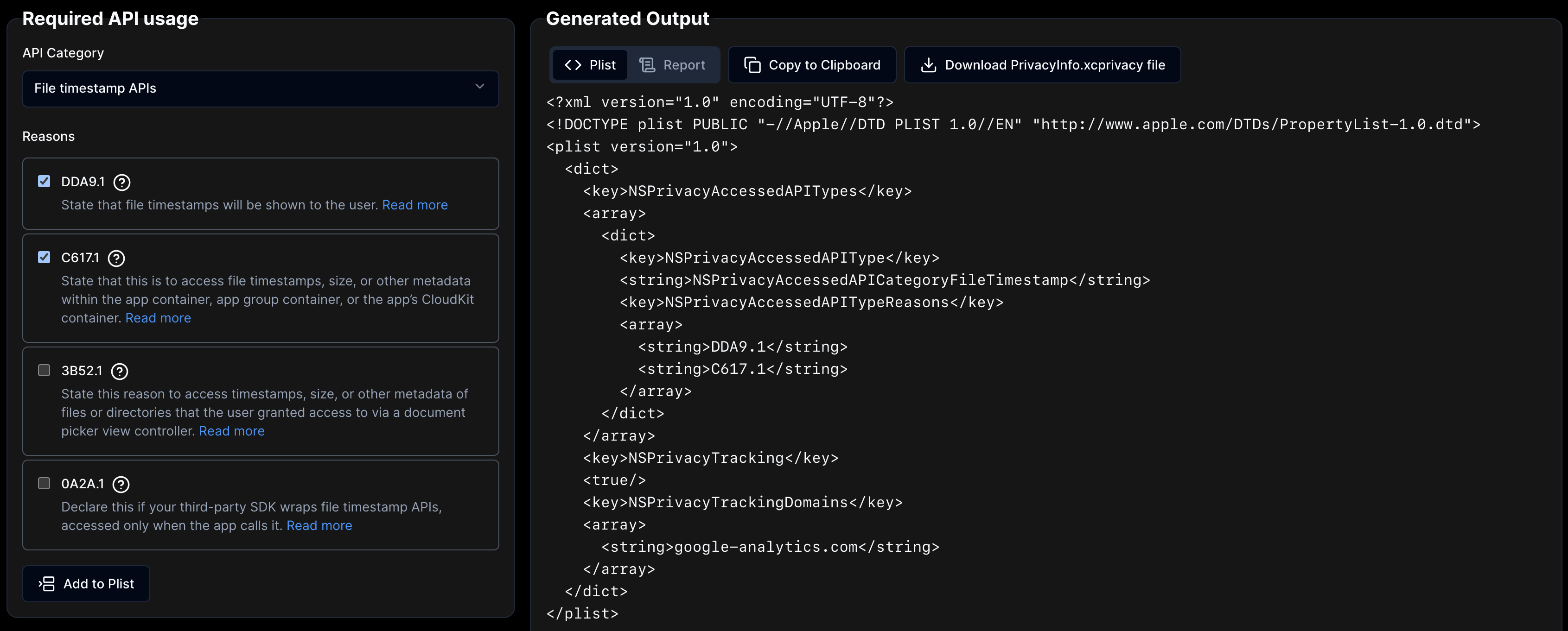 온라인 프라이버시 매니페스트 생성기 - iOS 앱에 대한 privacyinfo.xcprivacy 파일을 빠르게 생성하십시오 미디어 3
