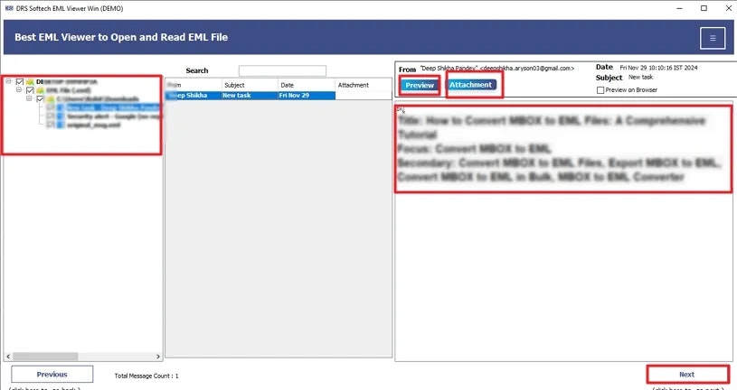 DRS Softech EML File Viewer - Screenshot 2 showing product features and functionality