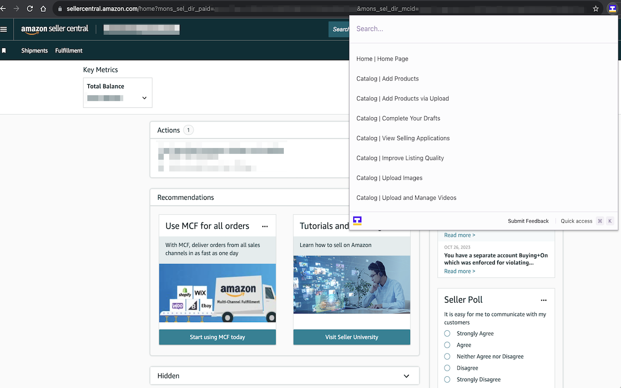 Amazon Seller Central Command Bar