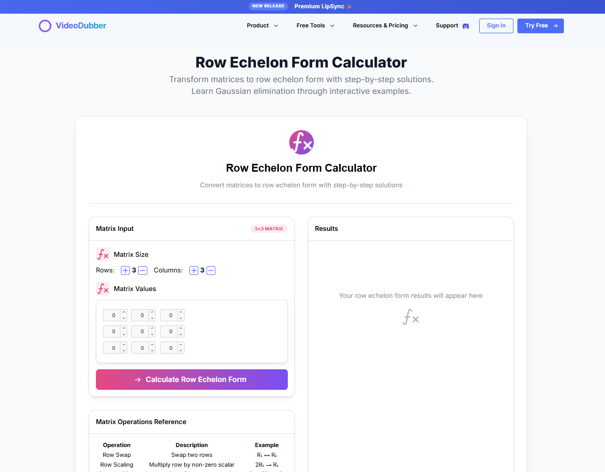 행에 켈론 양식 계산기 - 가우스 제거 도구 |MathTools 미디어 2