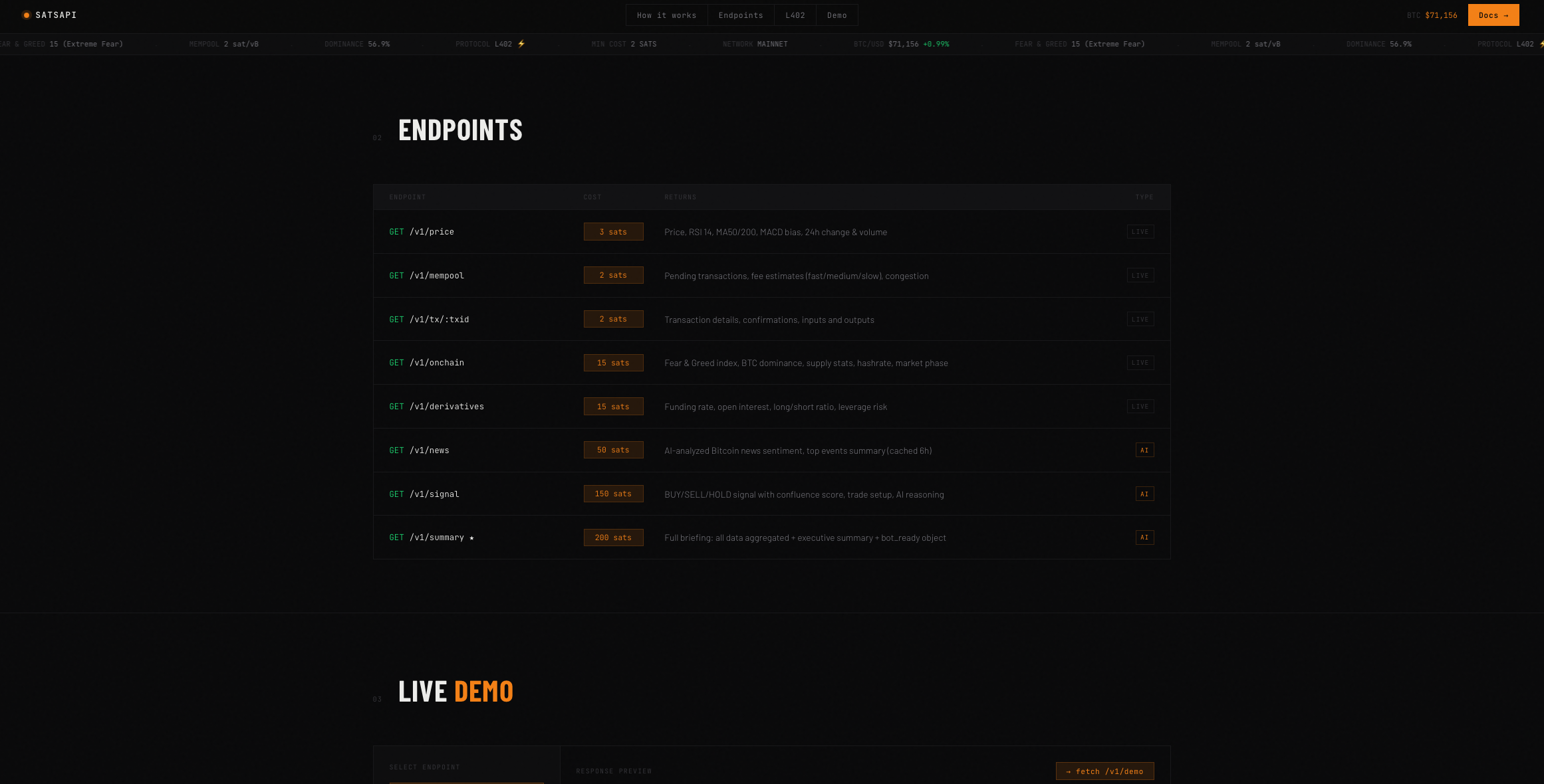 SatsAPI - Bitcoin intelligence API gallery image
