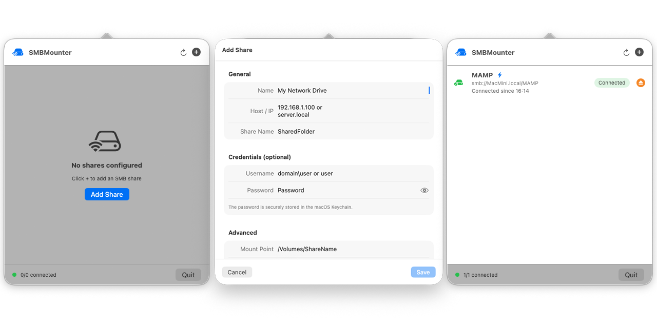 SMBMounter for MacOS - Main product screenshot demonstrating key features and user interface