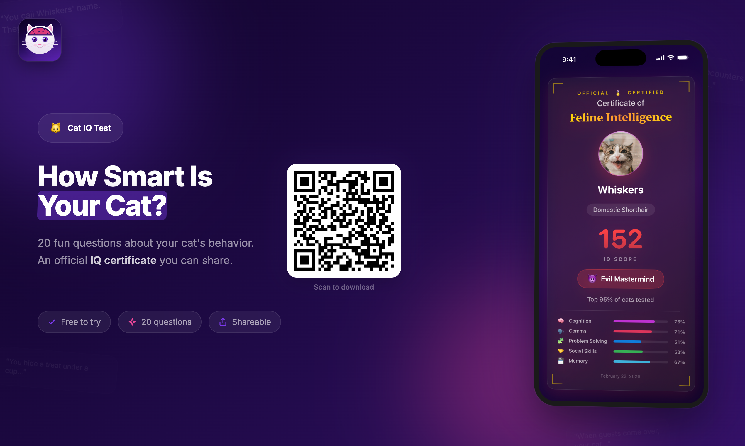 Cat IQ Test - Main product screenshot demonstrating key features and user interface