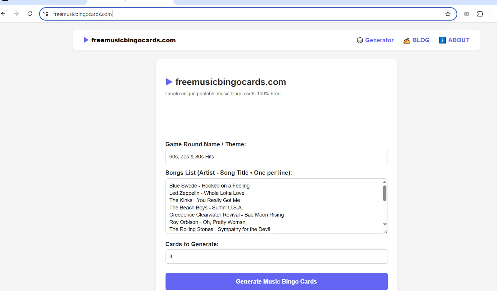Free Music Bingo Card Generator screenshot 1